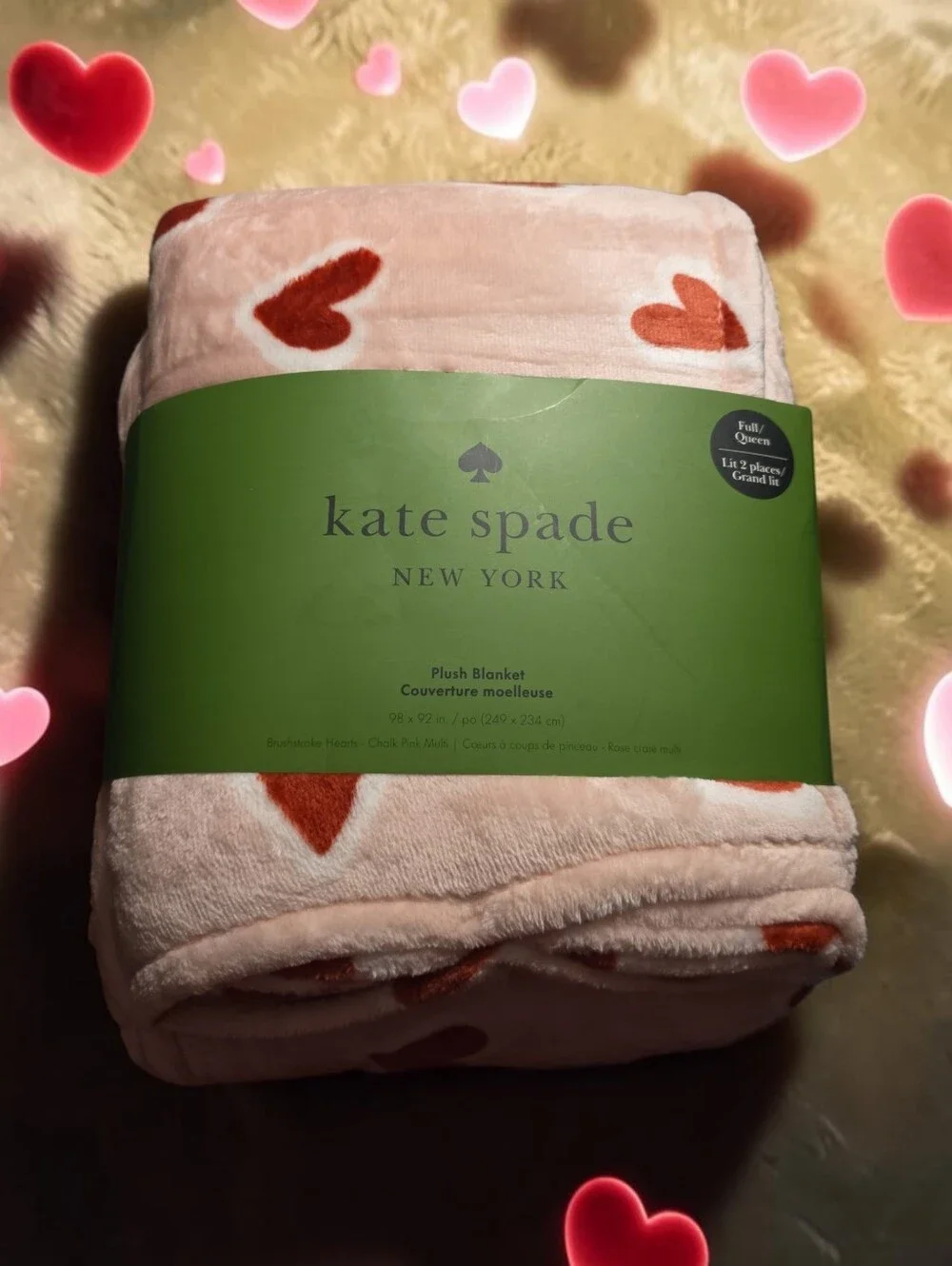kate spade Pink Plush with Heart Print Plush Full/Queen Bkanket